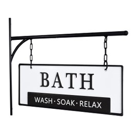 Double-Sided Bathroom Door Hanging Sign, Embossed Black on White Enamel Metal Sign with Bracket, Modern Farmhouse Bathroom Wall Decor