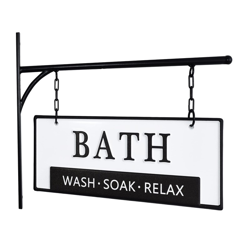 Double-Sided Bathroom Door Hanging Sign, Embossed Black on White Enamel