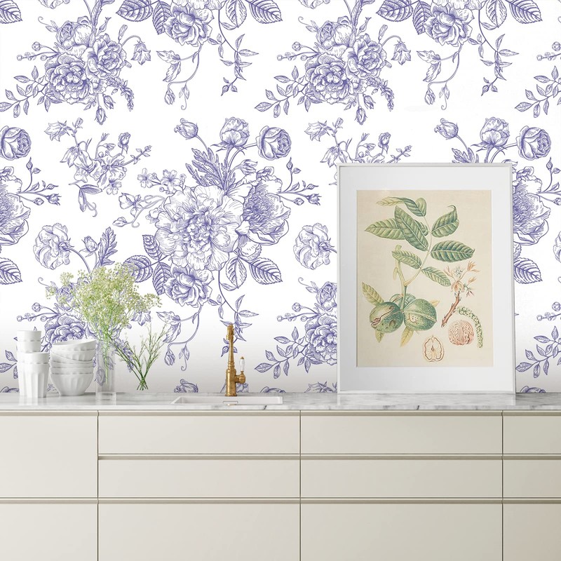 CRE8TIVE Purple Floral Wallpaper 24"x118" Sketch Peony Rose Peel and