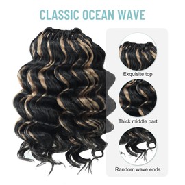 ToyoTree Ocean Wave Crochet Hair - 14 Inch 8 Packs Black Mix Blonde Mid-Length Curly Deep Wave Crochet Hair, Synthetic Ocean Wave Braiding Hair Extensions (14 Inch,P1B/27-8P)