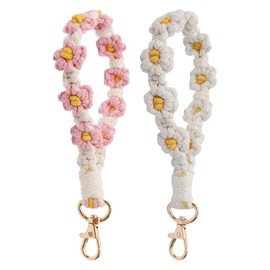 Visxcnu 2 Pieces Daisy Macrame Key Chain for Women Lanyard Short Boho Aesthetic Bracelet Key Chain Cute Bag Pendant Andmade for Women, Mobile Phones and Money Girls, White