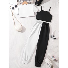 Ecolala Girls' Summer 3 Pieces Outfits Graphic Crop Top and Camisole with Sweatpants Set White 7-8Y