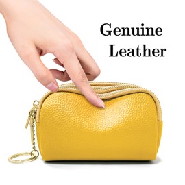 GOOPAI 3 Zippered Genuine Leather Coin Purse Triple Capacity Change Pouch Little Travel Wallet with Key Ring for Women