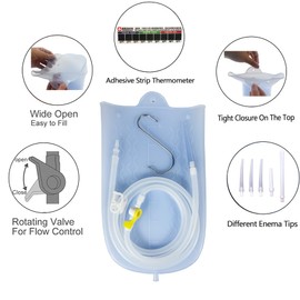 Silicone Enema Bag Kit with 6.3ft Hose, 5 Enema Tips, Controllable Flow Valve and Water Thermometer - 2 Quart Capacity Coffee enemas for Colon Cleanse