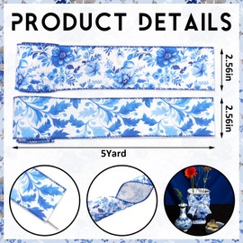 Blinket Spring Flower Wired Edge Ribbon DIY Crafts Gift Wrapping Wreath Bows，Blue Porcelain Chinoiserie Floral Ribbon for Bow Wreath Spring Summer Party Home Decor, 2.5''*5 Yards