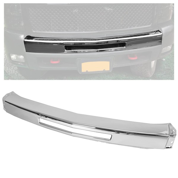 ECOTRIC Impact Bar Compatible with 2007-2013 Chevy Silverado 1500 2500 3500 Pickup Front Bumper Impact Face Bar Chrome Steel Replace For GM1002831 15941850