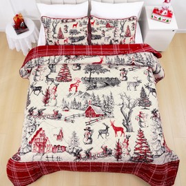 FRAMICS 3 Piece Christmas Reversible Quilt Set Queen Size, Red Plaid Printed Quilt, Snowman Moose Christmas Farmhouse Quilts, Lightweight Comforter Set, 90" x 90", 1 Quilt+ 2 Pillow Shams