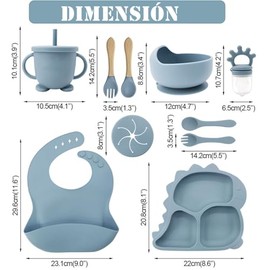 10PCS Silicona Bebé Alimentación Set, Plato De Dinosaurios Para Bebés De Silicona Con Babero Y Cuchara Y Tenedor (Azul)                               