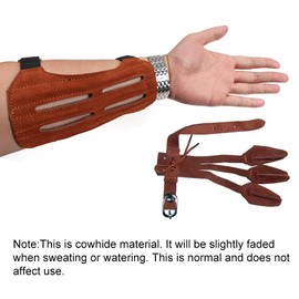Toparchery Leather 2 Straps Arm Guard & 3 Finger Protective Gloves for Recurve Compound Long Bow Hunting Shooting Brown