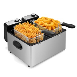 Pukomc Electric Double Deep Fryer with 2 Baskets & Lids, 3L Stainless Steel Removable Double Fryer,Temperature Control,Overheat Protection,3000W
