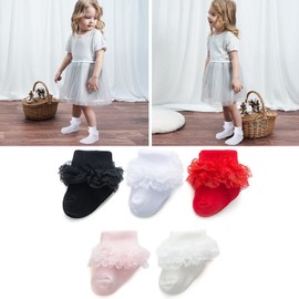 Calcetines para bebé niña con ojales y triple encaje con volantes, calcetines de 2/3/5 pares de calcetines de tobillo para recién nacidos, A_black White Red Pink Cream, 5 pares, 1-3 Años