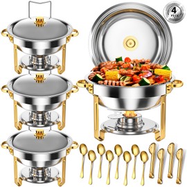 Keyoxy Round Chafing Dishes for Buffet 5 Qt,High Grade Chafing Dish Buffet Set, Full Size Pan,Rolled-Edge Design Food Warmers for Parties,Buffet,Wedding,Birthday,Camping 4 PACK (Half Gold)
