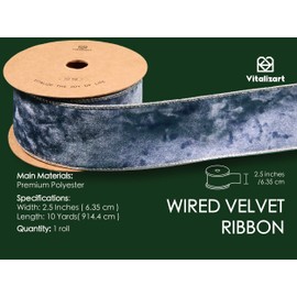 Vitalizart Dusty Blue Wired Velvet Ribbon 2.5 Inch Metallic Crushed Velvet for Gift Wrapping Christmas Tree Decoration Crafts Wreaths Garland Continuous 10 Yards