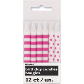 Polka Dot & Striped Birthday Candles - Hot Pink, 12 Pcs