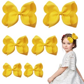 6 Pack Hair Bow Clips, 3 Sizes Yellow Hair Bow for Girls, White Bows for Hair School Hair Accessories(6 inch, 4 inch, 3 inch)