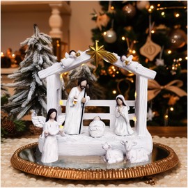 TroupePal Nativity Set -Nativity Sets & Figures with Manger and Little Animals, Christmas Nativity Tabletop Scene Indoor Figurine Decor for Xmas with LED Light, 7-Pieces