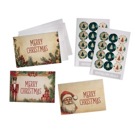 Hill Valley Greetings Old Fashioned Christmas Cards Set - 24 Holiday Note Cards with Envelopes and Colorful Seal Stickers
