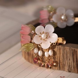 A Pair of Flowers Clips with Tassel Pendant, Chinese Traditional Hanfu Flowers Hair Accessories for Women Girls