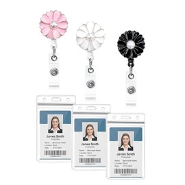 Fashion 3PCS Pack Retractable Badge Holders with 360 Degree Alligator Clip,Vertical Work Name Card Holder, Portable ID Badge Reel Clip with Pearl(Black,White,Pink)