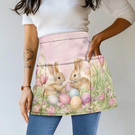 Noprintge Server Half Waist Apron for Women & Men for Cooking with 3 Pockets, Easter Bunny Eggs Tulip Print, 13.19 X 23.43 Inch Waterproof & Oil Waiter Waitress Apron