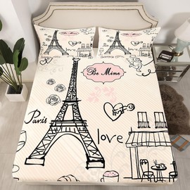 Eiffel Tower Fitted Sheet Paris Tower Bedding Set for Girls Romantic Rose Chic Paris Theme Bed Sheet Set Paris Cityscape Printed Heart Love Bed Cover Room Decor Quilt Cover Full