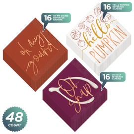Thanksgiving & Fall Party Beverage Napkin Set in Assorted Metallic Designs For Appetizers, Desserts, and Cocktails (48 Count Total)