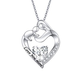 Flyow Genuine 925 Sterling Silver Mother and Child Heart Lab Opal Pendant, Necklace, Jewellery for Mum, Women, Adjustable Silver Chain 18 + 2 Inches, Gifts for Young Mothers, Silver, Love You More