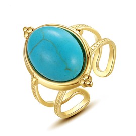 Ganquya 18K Gold Plated Fashion Statement Ring Oval Cut Natural Bohemian Ring Turquoise Ring Wedding Anniversary Ring Gift. Opening Adjustable Size 5-10