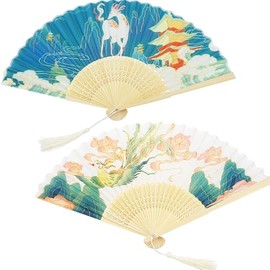 2 Pack Folding Fans Hand Fans for Women Foldable Handheld Fan Abanicos de Mano Hand Held Chinese Style Silk Bamboo Fans for Dancing Cosplay Wedding Party Props Decoration, Fairyland Color Phoenix Deer