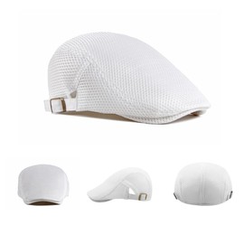 Folmywy Men's White Mesh Flat Hat Breathable Newsboy Hat Beret Hat Ivy Cap Hunting Hats Summer Adjustable Fit Cabbie Trucker Driving Plain Cotton