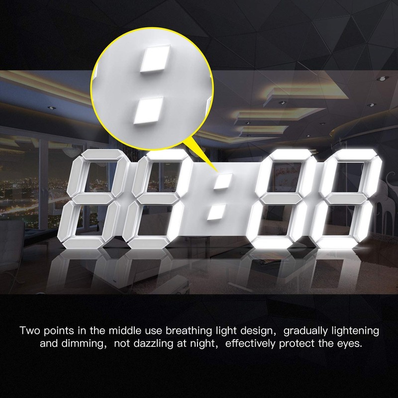 EPSKY 3D White Digital Wall Clock LED Large Alarm Clock