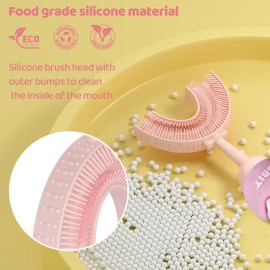 Kids U-Shaped Toothbrush Ages 2-7 Soft Silicone Oral Care Brush 360 Degree Cleaning Design Gentle Gum Care Training Travel Friendly Toddler Brush Pink