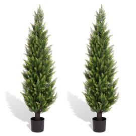5FT Artificial Cedar Topiary Trees Set of 2 - Realistic Faux Cypress Plants UV Resistant for Outdoor Planter, Fake Bushes & Shrubs for Porch Front Door Outside UV Rated, 5 Feet Tall, 2 Pack