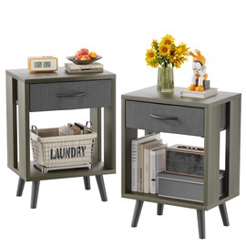 GYIIYUO Nightstands Set of 2 with Black Fabric Storage Drawer and Open Wood Shelf, Side Table with Storage for Bedroom, Bedside Tables - Gray 23.7" H
