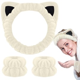 JFAN Headband and Bracelet Set Spa Bowknot Hair Bands Elastic Spa Hair Band for Yoga Exercises Makeup Bath (White, One Size)