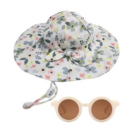 XMNIVATE 1 Floral Sun Hat, 1 Sunglasses, Breathable Quick-Drying Beach Hat, Children's Sun Hat, Adjustable Bucket Hat, Large Brim Hat, Children's Outdoor Sun Protection Set White