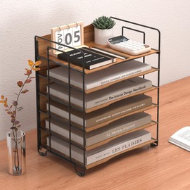 LUCYCAZ Wood Desk Organizer - 6 Tier Desk Organizer with Handle, Teak-Color Paper Tray for Letter/A4, File Organizer for Desk, Paper Storage for Home, Office, School