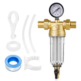 Backwash Filter Water Filter, Water Pre-Filter Sediment Filter with Pressure Gauge and Adapter, Reusable Water Pre-Filter Sediment Water Filter, Flushable Pre-Filter for Domestic Waterworks Pipes (1/6
