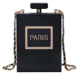 QZUnique Women's Acrylic Paris Perfume Bottle Shaped Clutch Bag Chain Handbag Purse Shoulder Bag Black