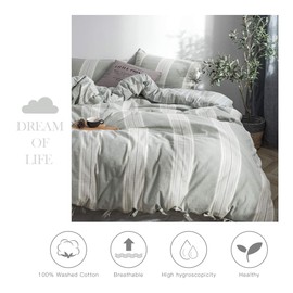 BISELINA 100% Washed Cotton Striped Duvet Cover Set 3pcs Bowknot Bow Ties Strap Design Reversible Soft Yarn Dyed Linen Feel Chic Country Bedding (Full, Grayish Green)