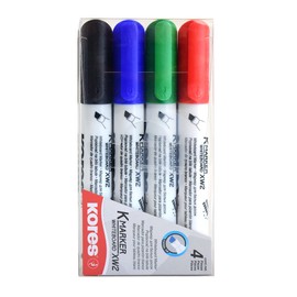 Kores - Coloured Whiteboard Marker Pens - K-Marker XW2, Chisel Tip with Low-Odour Ink - Dry Wipe Marker Pens - School Supplies, Office Supplies - Pack of 4 Assorted Colours