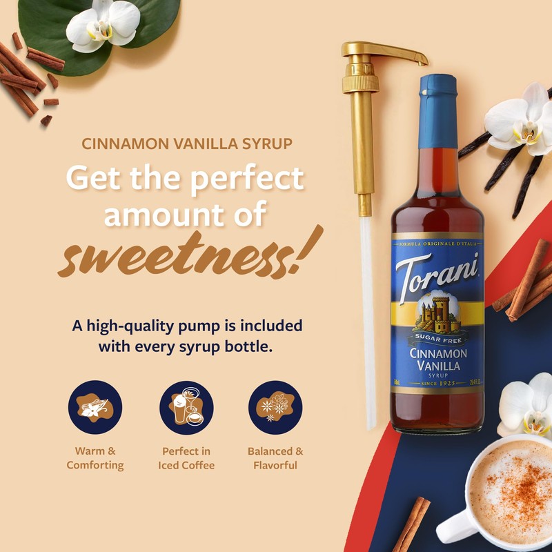 Torani Sugar Free Coffee Syrup, Cinnamon Vanilla Flavoring for Drinks,
