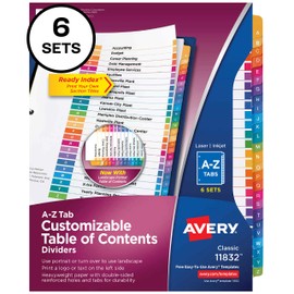 Avery A-Z Tab Dividers for 3 Ring Binders, Customizable Table of Contents, Multicolor Tabs, 6 Sets (11832)