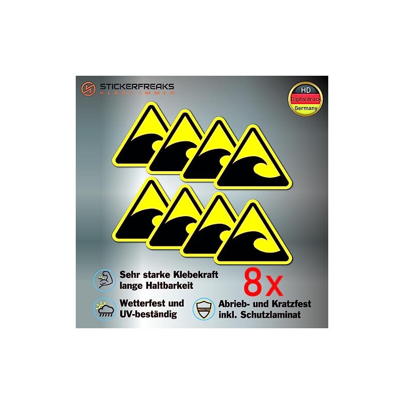 Pack of 8 Warning Stickers 6 x 5 cm Tsunami