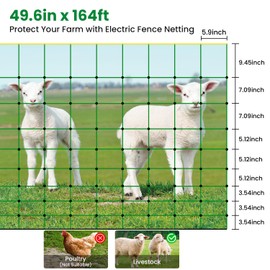 Electric Fence Netting, 49.6" H x 164'L Portable Livestock Nets for Cattle, Sheep, Goat, Hogs, Larger Animals, Electric Fencing with 14 Pre-Assembled Double-Spiked Posts for Backyards, Ranches, Farms