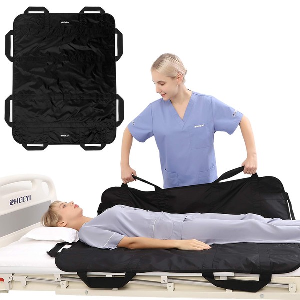 ZHEEYI Bed Positioning Pad with Reinforced Handles 48" x 40" Lifting Turning Patient Sheet Transfer Blanket for Caregiver, Bedridden, Elderly, Black