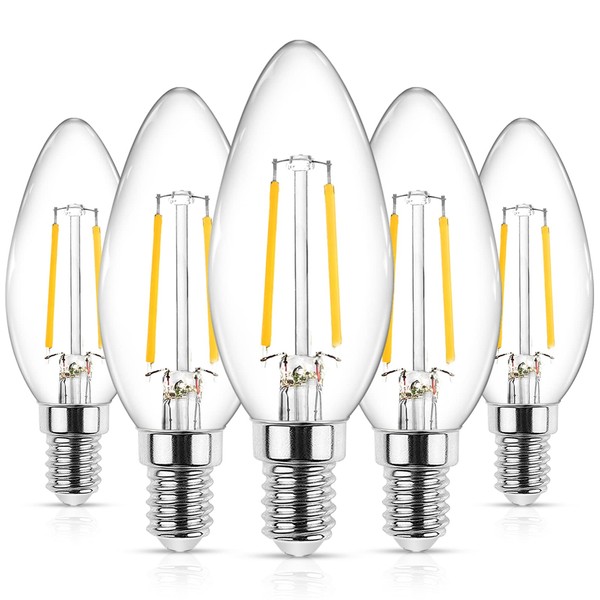 Ascher E12 LED Classic Candelabra Clear Light Bulb, 4W, Equivalent 40W, Warm White 2700K, Filament Clear Glass, Non-Dimmable, Pack of 5