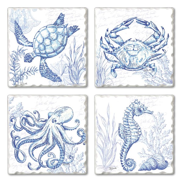 Thirstystone Coastal Sketch 4 Pack Absorbent Stone Tumbled Tile Coasters