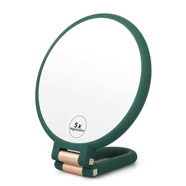 Novadex Magnifying Travel Hand Held Vanity Mirror, Compact Double-Sides Folding Magnification Hand Mirror for Women with 360°Rotating Handle Table Desk Small Make Up Mirrors (1x 5X, Dark Green)
