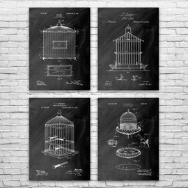 Bird Cage Patent Posters Set of 4 (11x14), Pet Store Art, Bird Keeper Gift, Birdcage Blueprint, Animal Lover, Aviculture Art Black Chalkboard